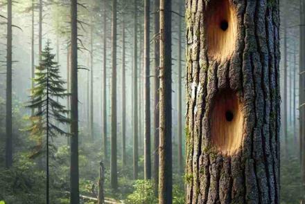 A hollowed-out tree with two mysterious holes, hidden in the heart of the forest.